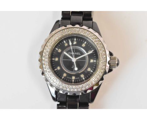 CHANEL; a J12 wristwatch with black ceramic bracelet, diamond set bezel, date aperture and Arabic numerals, numbered D.N.2378