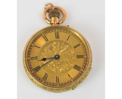 An 18ct yellow gold open face crown wind fob watch with Roman numerals to the chapter ring, and with unmarked cuvette, diamet