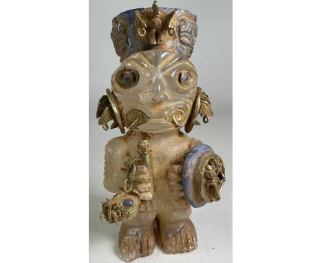 A large South American Inca inspired carved crystal lapis lazuli and yellow metal mounted figure, with elborate detail throug