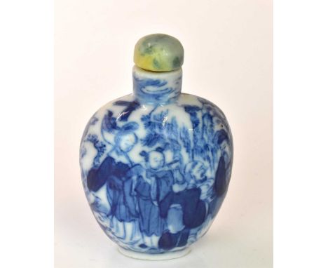 A Chinese blue and white porcelain snuff bottle of ovoid form, decorated with figures in a landscape and with jade stopper, l