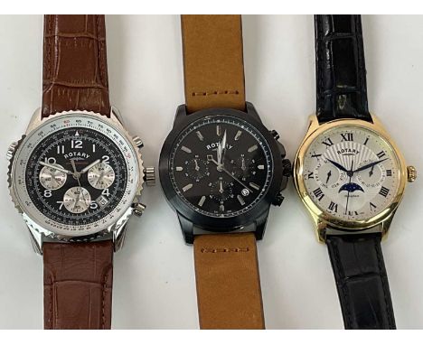 ROTARY; three gentleman's wristwatches including a Chronospeed and two others, presented with a single box.