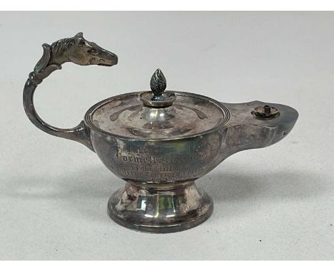 JOHN NEWTON MAPPIN; a late Victorian table lighter in the form of a Roman oil lamp, with horse's head terminal to the handle 