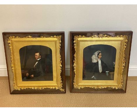 AFTER THE 19TH CENTURY ENGLISH SCHOOL; a pair of overpainted portrait prints in elaborate gilt frames and then further framed