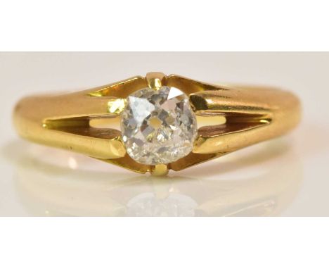 An 18ct yellow gold and diamond solitaire ring, the old cushion cut stone weighing Birmingham 1882, size L 1/2, approx 4.2g.