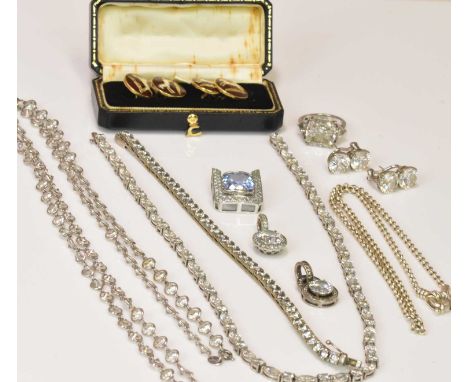 A group of costume jewellery, mainly simulated diamonds, including a tennis bracelet, necklace, ring, three pendants and a pa