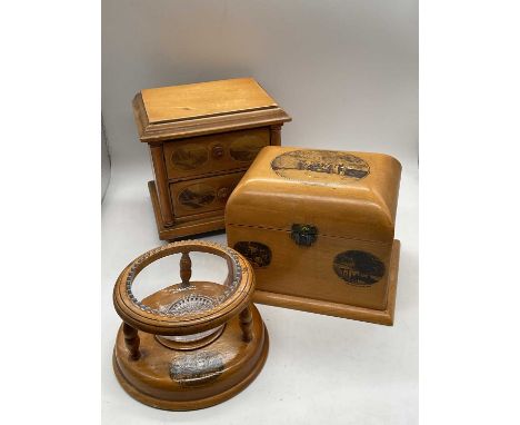 MAUCHLINE WARE; a tea caddy decorated with three views and with original lid, width 15.25cm, a miniature two drawer chest dec