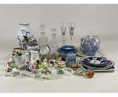 A quantity of decorative ceramics including vases, bowls, cheese dome, plates, trinket boxes and other items.