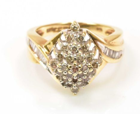 A 9ct yellow gold dress ring with lozenge shaped stepped platform and clear stones to the shoulders, size O 1/2, approx 5.37g