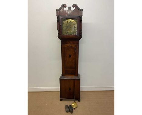 An early 19th century oak and mahogany crossbanded longcase clock, with associated brass dial inscribed 'Joseph Monkhous', wi