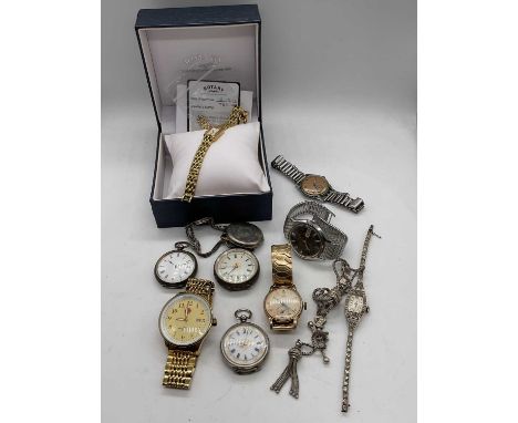 A group of wrist and pocket watches including a Smiths 9ct yellow gold example with Arabic numerals to the circular dial, a S