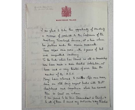 QUEEN ELIZABETH, THE QUEEN MOTHER (1900-2002); a double sided handwritten speech to the Conference of the Auxiliary Territori