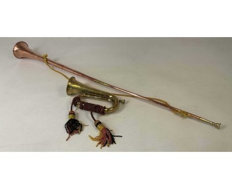 A copper and brass coaching horn, length 126cm, and a brass bugle (2).