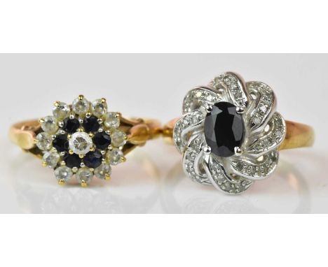 Two 9ct yellow gold sapphire and cubic zirconia dress rings, sizes N and R, combined approx 7.7g (2).