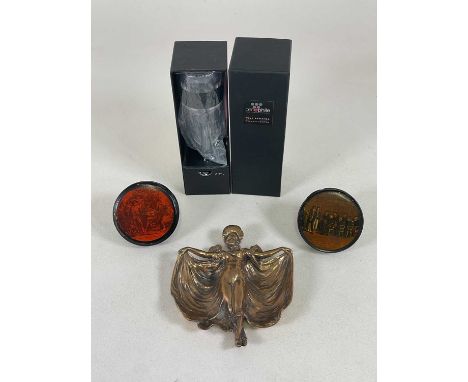 A group of collectors' items comprising an Art Nouveau style brass trinket tray in the form of a young woman holding out her 