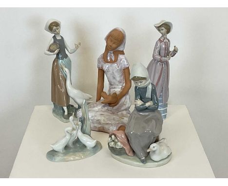 LLADRO, NAO and PALMIERI ceramic figures, comprising studies of girls with geese and birds, largest height 24cm (5).