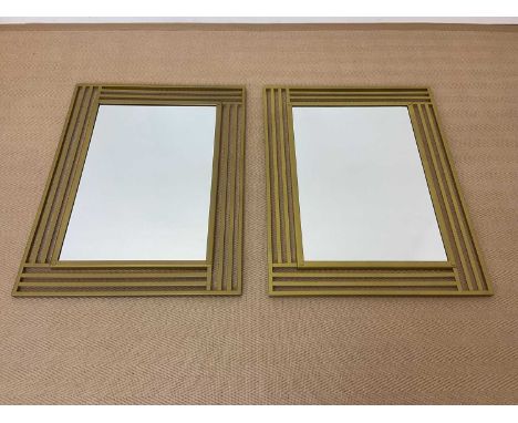 A pair of modern contemporary wall mirrors with brass effect Art Deco inspired square tube frames, 91 x 67cm.