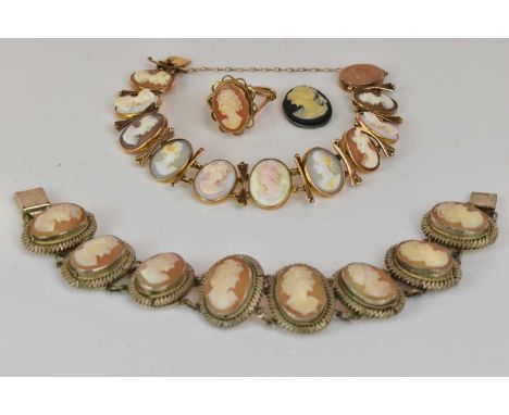 A 15ct yellow gold mounted cameo bracelet, a 9ct yellow gold cameo ring, a cameo pendant and a further cameo bracelet in base
