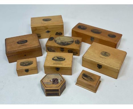 MAUCHLINE WARE; nine examples including a large velvet lined trinket box with three views, 'Ballochmyle Bridge, Mauchline fro