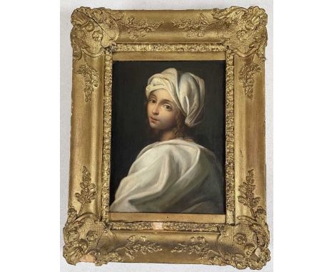 AFTER GUIDO RENI; oil on canvas, 'Portrait Study of Beatrice Cenci', unframed, 25 x 18cm, framed.