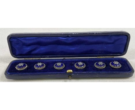 A set of six Georgian buttons, later cased and each with cut steel decoration to a domed dark blue platform.Condition Report: