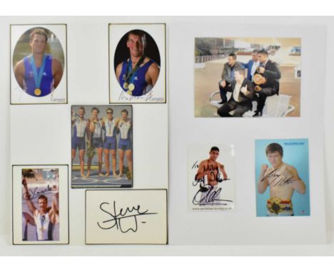 A group of signed cards and photographs of rowing and boxing stars comprising the five Olympic medal winners, Pinsent, Coode,