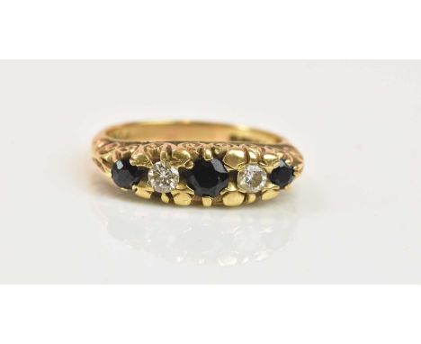 A 9ct yellow gold five stone sapphire and diamond ring in the Victorian style, size M 1/2, approx 4.03g.