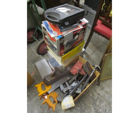 A mixed lot of tools to include wood working planes, bench grinder and other items 