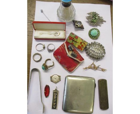 Mixed costume jewellery and other items to include a yellow metal and seed pearl brooch, an enamel topped and silver collared