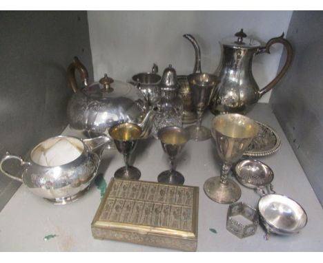 Silver plate to include a four piece teaset, a tea strainer, a cigarette box, a rose bowl and other items 