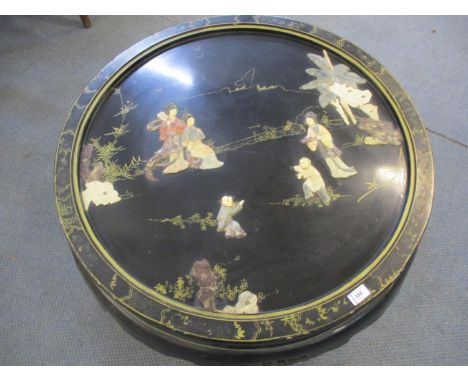 A vintage black painted Chinese carved soapstone and gilt coffee table on cabriole legsLocation LAF 