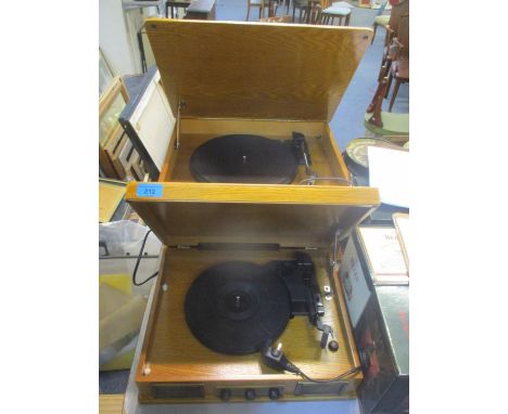 Two old style record players, one with a radio and a CD player 