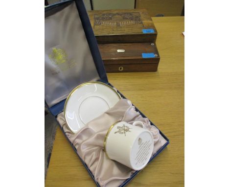 A carved Jerusalem writing box, an inlaid rosewood jewellery box and a commemorative Royal Worcester teacup and saucer in pre