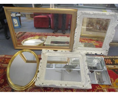 Five mixed mirrors to include a gilt framed wall hanging mirror having bevelled glass 