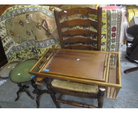 A mixed lot to include an oak ladder back carver chair, two occasional tables and a tray 