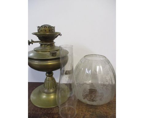 A Victorian Best British make brass oil lamp, with original Victorian floral etched glass shade and with smoke funnel 