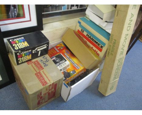 A mixed lot of metalware to include silver plate, a boxed land camera and projectors, screen and other items, along with a pa