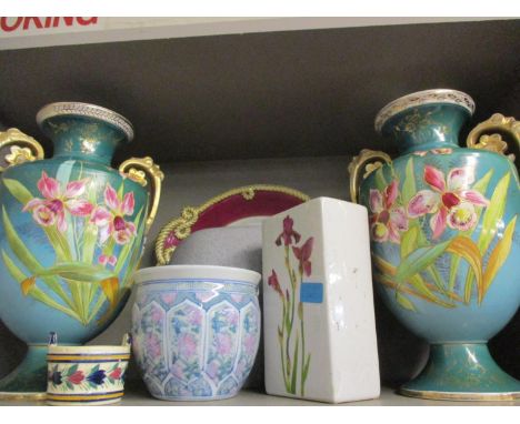 A pair of late Victorian painted vases and mixed ceramics to include a small Quimper bowl 