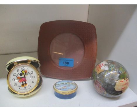 A Wedgwood leather photo frame, together with a Halcyon Days pillbox with a scene of the Thames at Marlow, Minnie Mouse trave