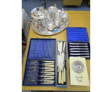 A mixed lot of silver and silver plate to include a small Armada silver dish, Chester 1962 and a cased set of six silver hand