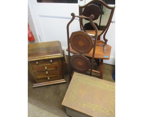 Small furniture to include an Edwardian inlaid mahogany, three tier oak stand and a swing mirror and a brass coal box, along 