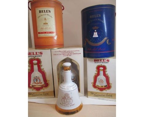 A collection of Bells Scotch whiskey decanters, Queens 60th Birthday, Marriage of Prince Andrew and Sarah Ferguson, Birth of 