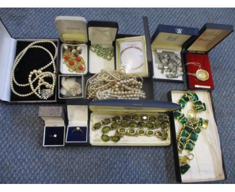 Costume jewellery to include vintage necklaces, a bangle, faux pearls and two 9ct gold rings set with paste stonesLocation LA