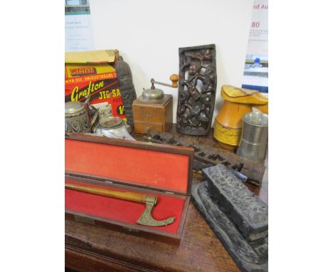 Collectables to include A British Layland crankshaft converted to a barometer and clock, tankards, puzzles and other items 