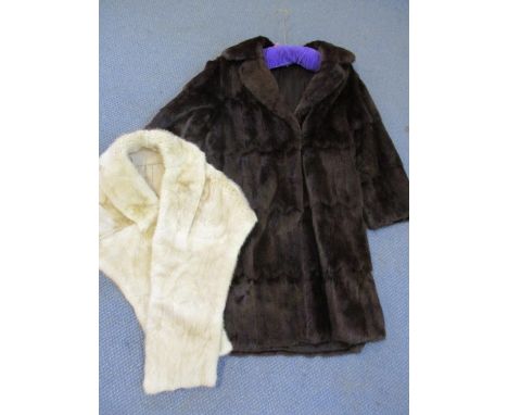 A vintage arctic coney fur stole, together with a vintage, chocolate brown mink coat, 38-40" chest x 37" long, approximately 