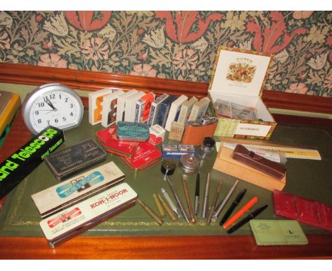 Stationery and desk items to include Parker pens, clocks and playing cards, together with Reeves &amp; Sons Ltd, vintage Terr