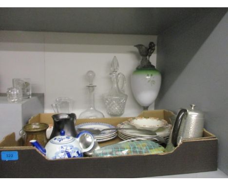Ceramics, glass and metalware to include a pewter teapot, a silver plated ladle, decanters and other items 