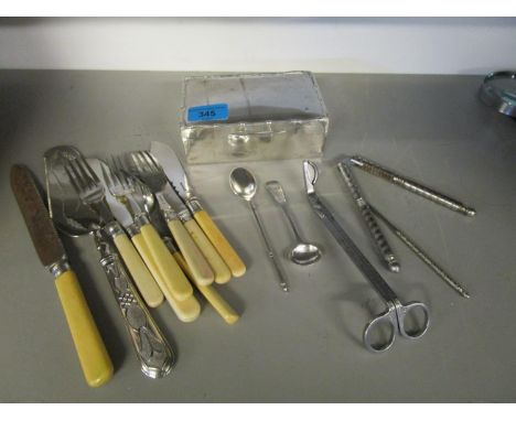 A silver cigarette box, Georgian mustard spoon, 830 stamped white metal spoon, possibly Russian and other items 