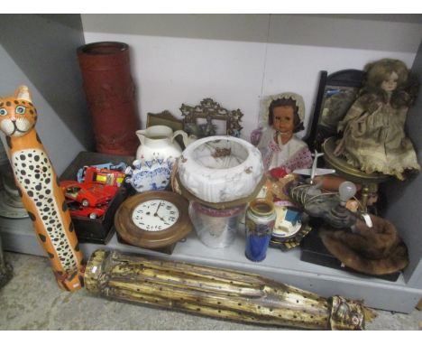 A mixed lot to include dolls, gilt metal photo frames, Junghans dial clock, stick stand, Burago cars and other items 