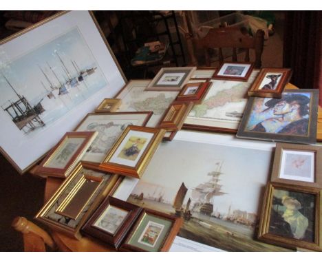Three reproduction maps, mixed prints and small mirrors, together with a George Chambers print of HMS Britannia entering Port