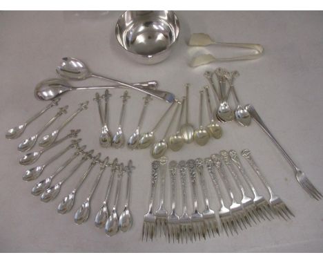 Silver plated teaspoons, forks and salad servers, along with two sets of three silver coffee spoons 